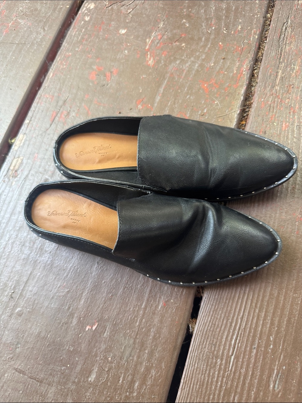 Universal Thread Black Leather Slip-On Loafers with Stud Trim